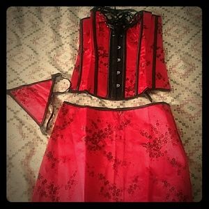 3pc red and black satin corset skirt and underwear
